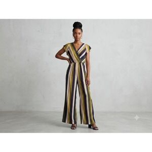 Umgee USA Striped Wide Leg Jumpsuit Womens Large NWT Flutter Sleeve V-Neck Multi